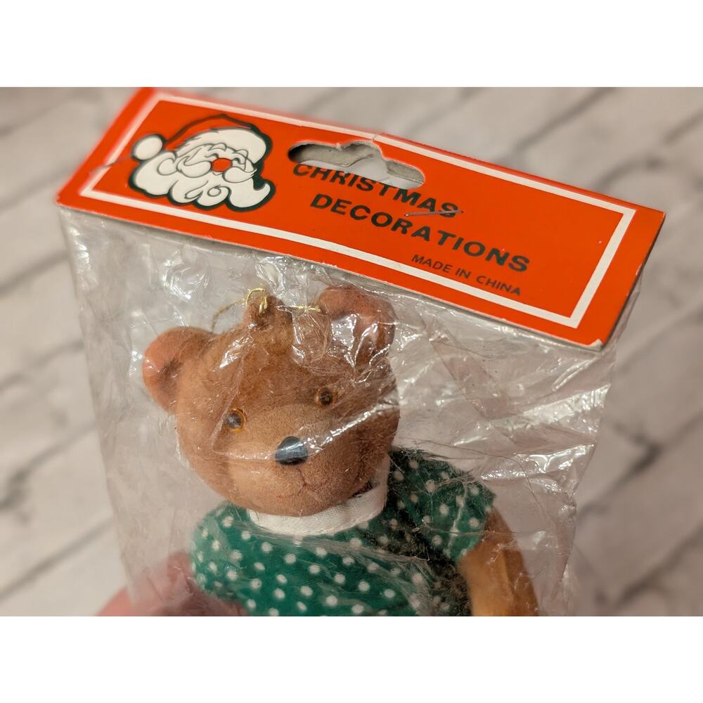 Vtg Flocked Teddy Bear Christmas Ornament with Dress/Polkadots